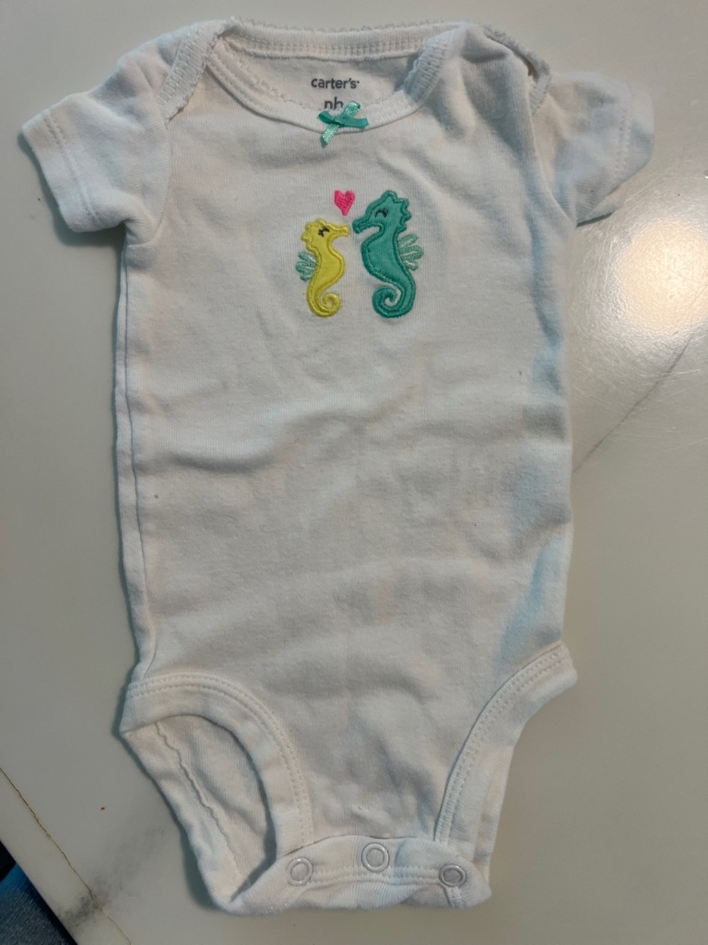 Carter's White Bodysuit with Yellow & Teal Seahorses and Pink Heart